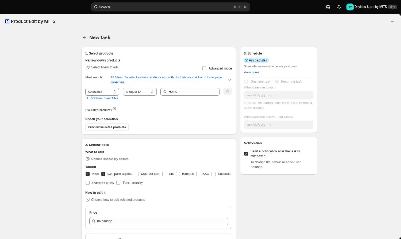 The New task screen: filters, editors and the scheduler