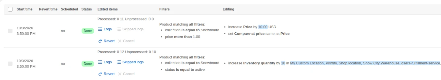 The Tasks screen: a price task and an inventory task with their filters, edits, logs and Revert buttons